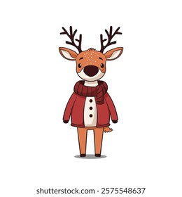 vector of a cute cartoon deer wearing a cozy sweater and scarf, isolated on white background