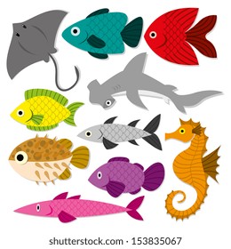 Vector Cute Cartoon Different Fishes Isolated Set