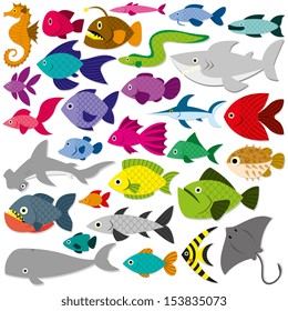 Vector Cute Cartoon Different Fishes Isolated Set