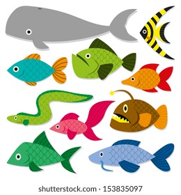 Vector Cute Cartoon Different Fishes Isolated Set