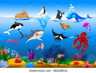 Vector cute cartoon different fishes isolated set