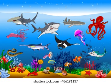 Vector cute cartoon different fishes isolated set