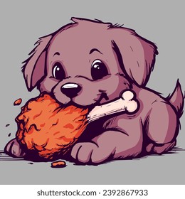 Vector of a cute cartoon dog eating a big chicken thigh. Illustration of a small puppy devouring a huge turkey with bones.