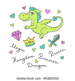 vector cute cartoon dragon, crown, diamond, sword, hearts and lettering, elements set for design