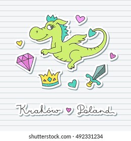 vector cute cartoon dragon, symbol of krakow, design elements for souvenirs