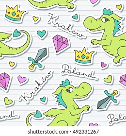 vector cute cartoon dragon, symbol of krakow, seamless pattern for souvenirs