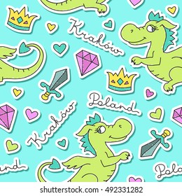 vector cute cartoon dragon, symbol of krakow, seamless pattern for souvenirs