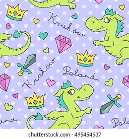 vector cute cartoon dragons, symbol of krakow, seamless pattern for souvenirs