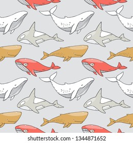 Vector cute cartoon drawing seamless pattern with  sea life  collection of whales