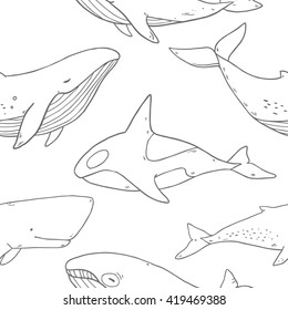 Vector cute cartoon drawing seamless pattern with  sea life  collection of whales