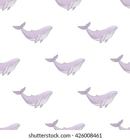 Vector cute cartoon drawing seamless pattern with sea life collection of whales