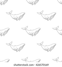 Vector cute cartoon drawing seamless pattern with sea life collection of whales