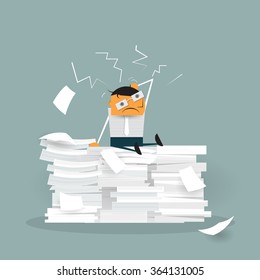 Vector Cute cartoon employee sitting on a lot of paper documents. Flat design Illustration Businessman in stress and hard work , A lot of work concept
