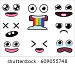 Vector cute cartoon eyes and mouths set. Collection of kids face emotions elements. Kawaii emotions with different expressions - happiness, rainbow vomiting, fear, tears, frumpy and dead face