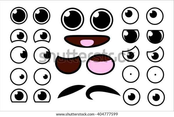 Vector cute cartoon eyes and mouths muzzle\
set. Collection of kids face elements for your design. Kawaii\
emotions with different\
expressions.