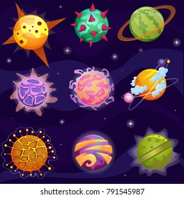 Vector Cute cartoon fantasy fantastic planets set on galaxy stars background.