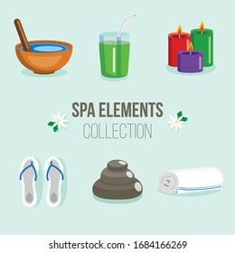 Vector cute cartoon flat icons spa elements set. Spa and massage salon objects collection.