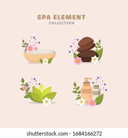 Vector adorable caricatura iconos planos elementos spa conjunto. colección de objetos del salón de masajes y spa.