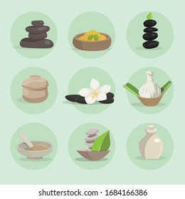 Vector cute cartoon flat icons spa elements set. Spa and massage salon objects collection.