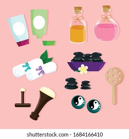 Vector cute cartoon flat icons spa elements set. Spa and massage salon objects collection.