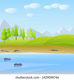 Vector cute cartoon flat landscape with mountain, forest,lake and clouds illustration.