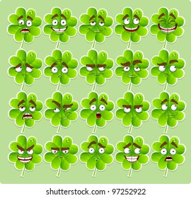 Vector cute cartoon four-leaf clover with many expressions stickers