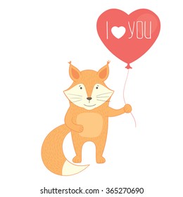 vector cute cartoon fox with balloon in love. Valentines day greeting card