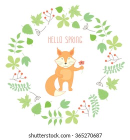 Vector cute cartoon fox in floral wreaths with leaves and branches. Spring illustration