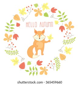 Vector cute cartoon fox  in floral wreaths with leaves and branches. Autumn illustration