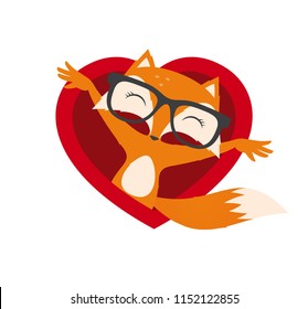 Vector cute cartoon fox with glass in heart. Isolated on white background