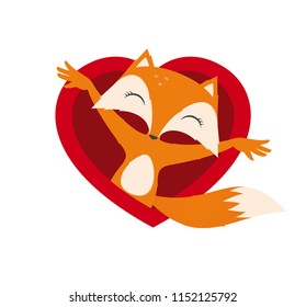 Vector cute cartoon fox in heart. Isolated on white background