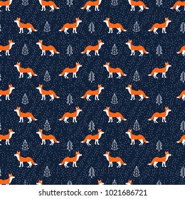 Vector cute cartoon fox seamless pattern, wild animals isolated on snow dark blue background, Foxy backdrop, colorful texture design for greeting cards, fabric, wrapping paper, invitation, textile