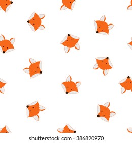 Vector cute cartoon fox seamless pattern. Orange fox's head on dark background. Good for print, textile, fabrics, wallpaper, decoration.
