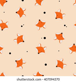 Vector cute cartoon fox seamless pattern. Orange fox's head on light background. Good for print, textile, fabrics, wallpaper, decoration. 