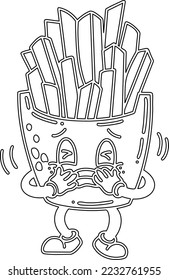 a vector of a cute cartoon french fries in black and white colouring