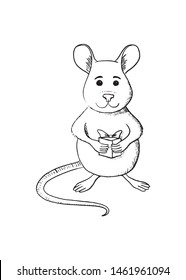 Vector cute cartoon front view white metal rat. symbol of new 2020 year or cheerful mouse. Hand sketched illustration, animal character with holiday gift box.