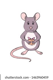 Vector cute cartoon front view grey metal rat. symbol of new 2020 year or cheerful mouse. Hand sketched illustration, animal character with holiday gift box.