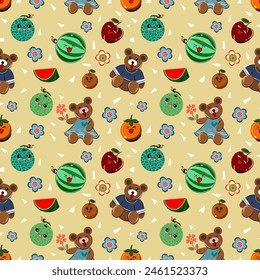 Vector cute cartoon fruit with teddy bear seamless pattern Used for wallpaper, gift wrapping paper, textiles.