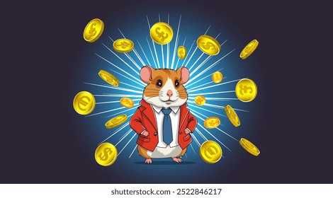 Vetor bonito desenho animado engraçado negócio rico hamster importante com gravata e em jaqueta vermelha. As moedas de ouro 3d com símbolos de moedas mundiais voam em direções diferentes. Brilho azul.