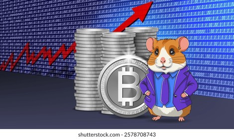 Vector cute cartoon funny business rich important hamster in purple jacket with tie and blue shirt. 3d stacks of silver coins with bitcoin symbol. Graph, growth of cryptocurrency and digital finance