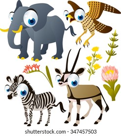 vector cute cartoon funny collection set. African animal, dogs, sea life, birds and dinosaurs. For kids apps or books. Elephant, falcon, zebra, oryx isolated on white.