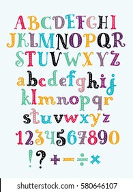 Vector cute cartoon funny serif abc colorful uppercase and lowercase letters sticker alphabet with number and plus, minus, division, multiplication, marks, equals. Set of characters for card, banners