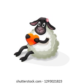 Vector cute cartoon funny sheep with red heart isolated on white sitting on the floor, Icon for congratulations on Valentine's Day, T-shirt and fabric print, big eyes, isolated on white