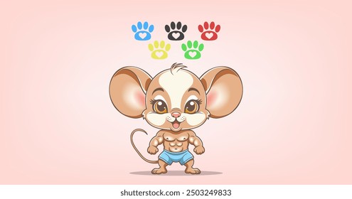 Vector cute cartoon funny strong nice eared mouse baby athlete in blue shorts. Smiling little rodent with big muscles. Toon bodybuilder olympian. Cuddly brown animal. Color paws and hearts.