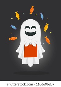 Vector cute cartoon ghost with bag and candies. Trick or treat. Halloween illustration