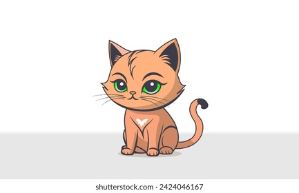 Vector cute cartoon ginger serious angry sad little sitting kitten with green big eyes. Kawaii anime pet.