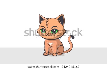 Vector cute cartoon ginger serious angry sad little sitting kitten with green big eyes. Kawaii anime pet.