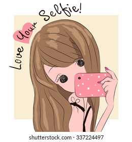 Vector cute cartoon girl with brown hair makes selfie
