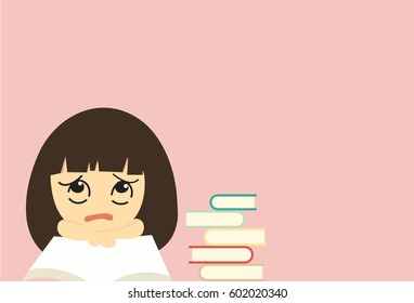 Vector cute cartoon girl and color books on pink background.