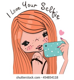 Vector cute cartoon girl with orange hair makes selfie